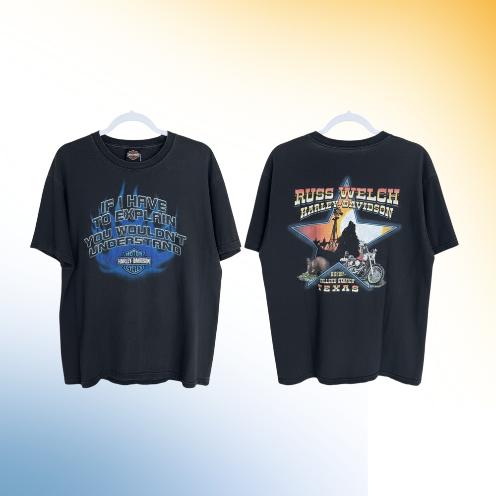 Vintage Harley Davidson Russ Welch Shirt Mens L Black Blue Flame Texas Biker Tee